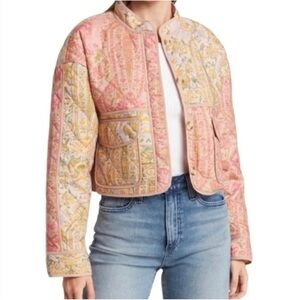 7 For All Mankind Pastel Floral Pink Quilted Patchwork Cropped Jacket Set Small